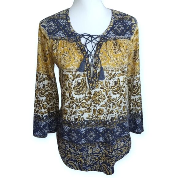 Lucky Brand Blue and Yellow Tie Front Boho Blouse Sz.S EUC - Picture 1 of 8